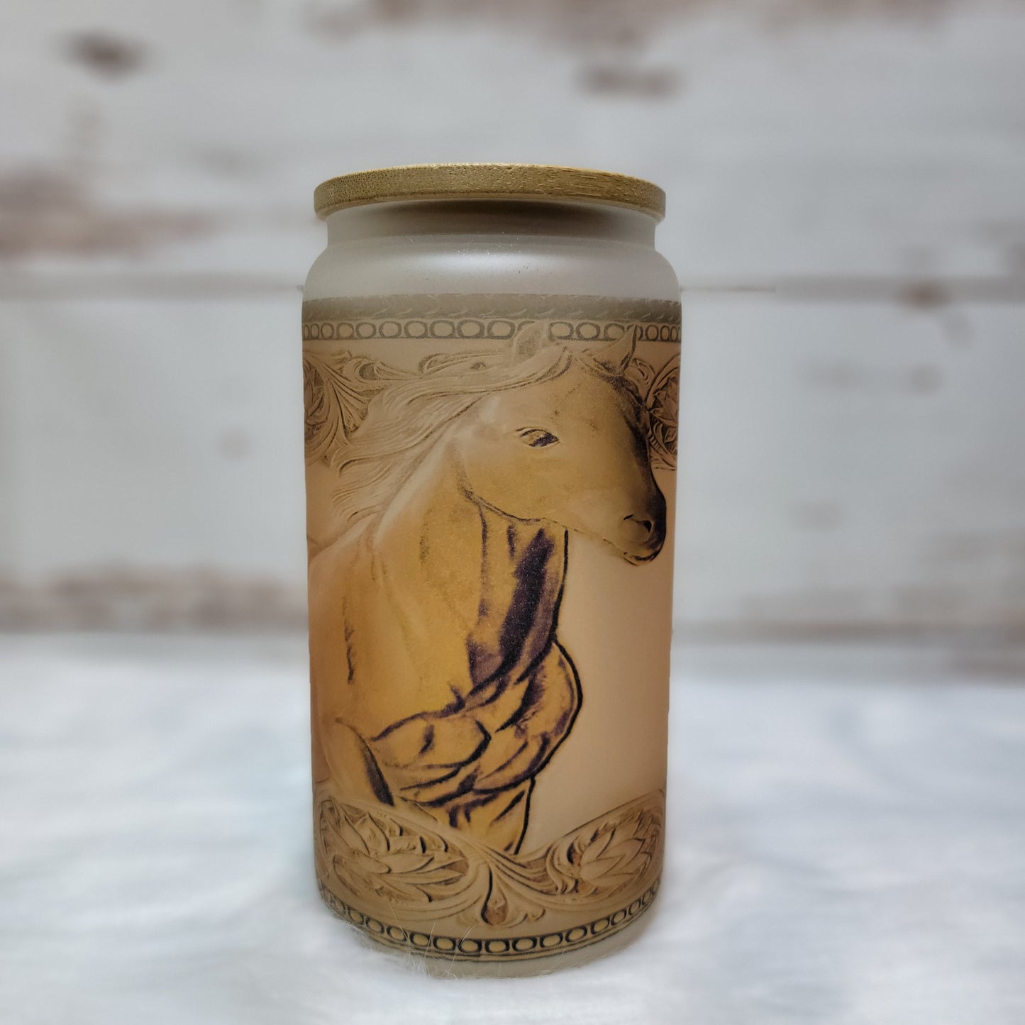 Leather Horse Glass Can Tumbler with custom tumbler design