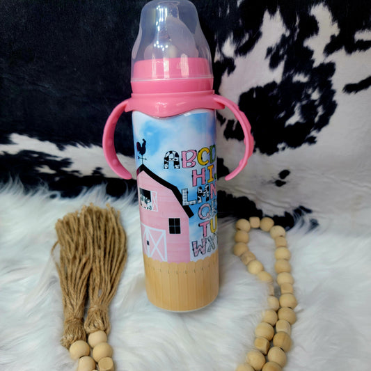 8 oz Baby Bottle - Pink Barn Stainless Steel Sublimation Farmhouse Hobbies   