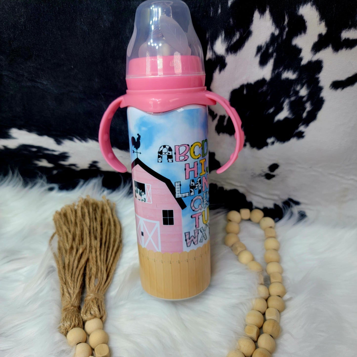 8 oz Baby Bottle - Pink Barn Stainless Steel Sublimation Farmhouse Hobbies