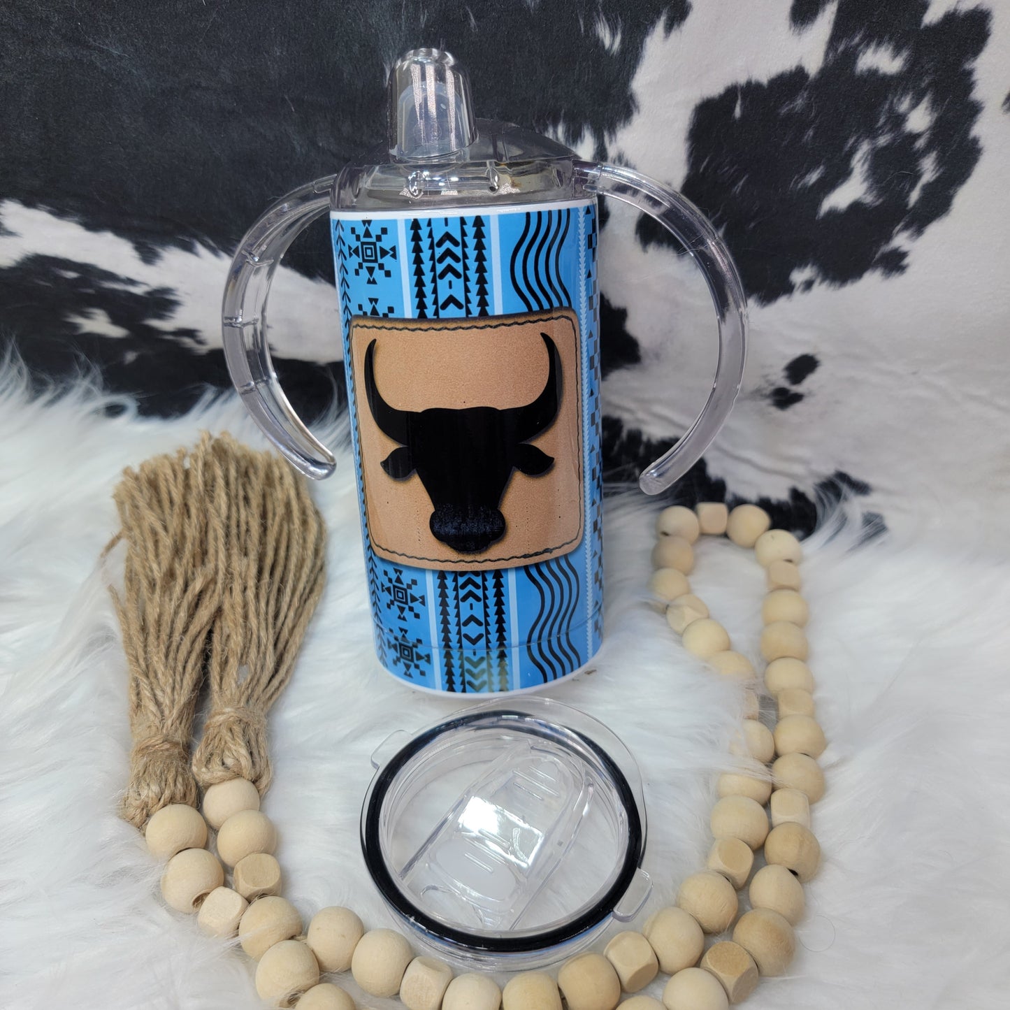 12 oz Sippy Duo - Bull Head Leather Patch Stainless Steel Sublimation Farmhouse Hobbies