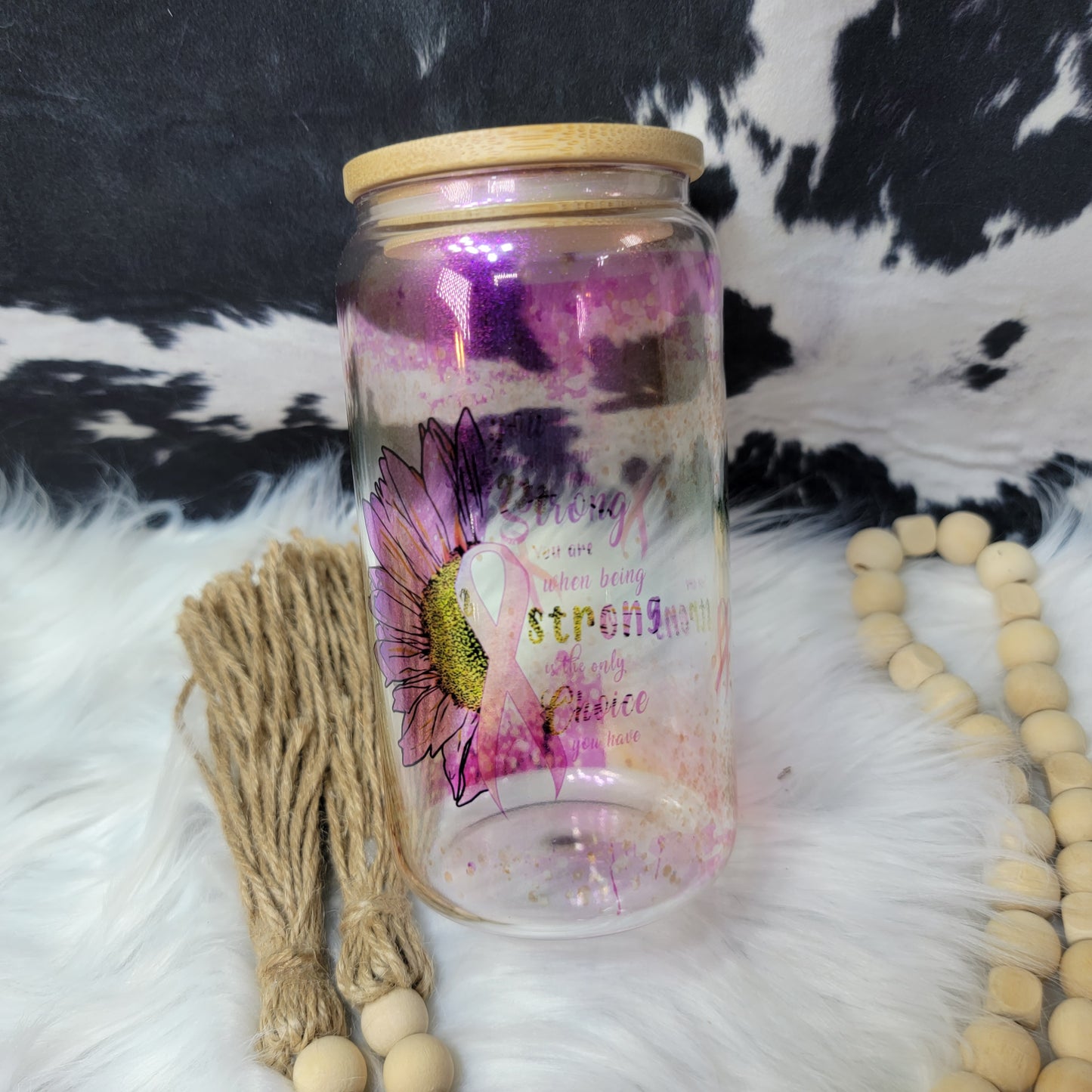 16 oz Glass Can Tumbler - Breast Cancer