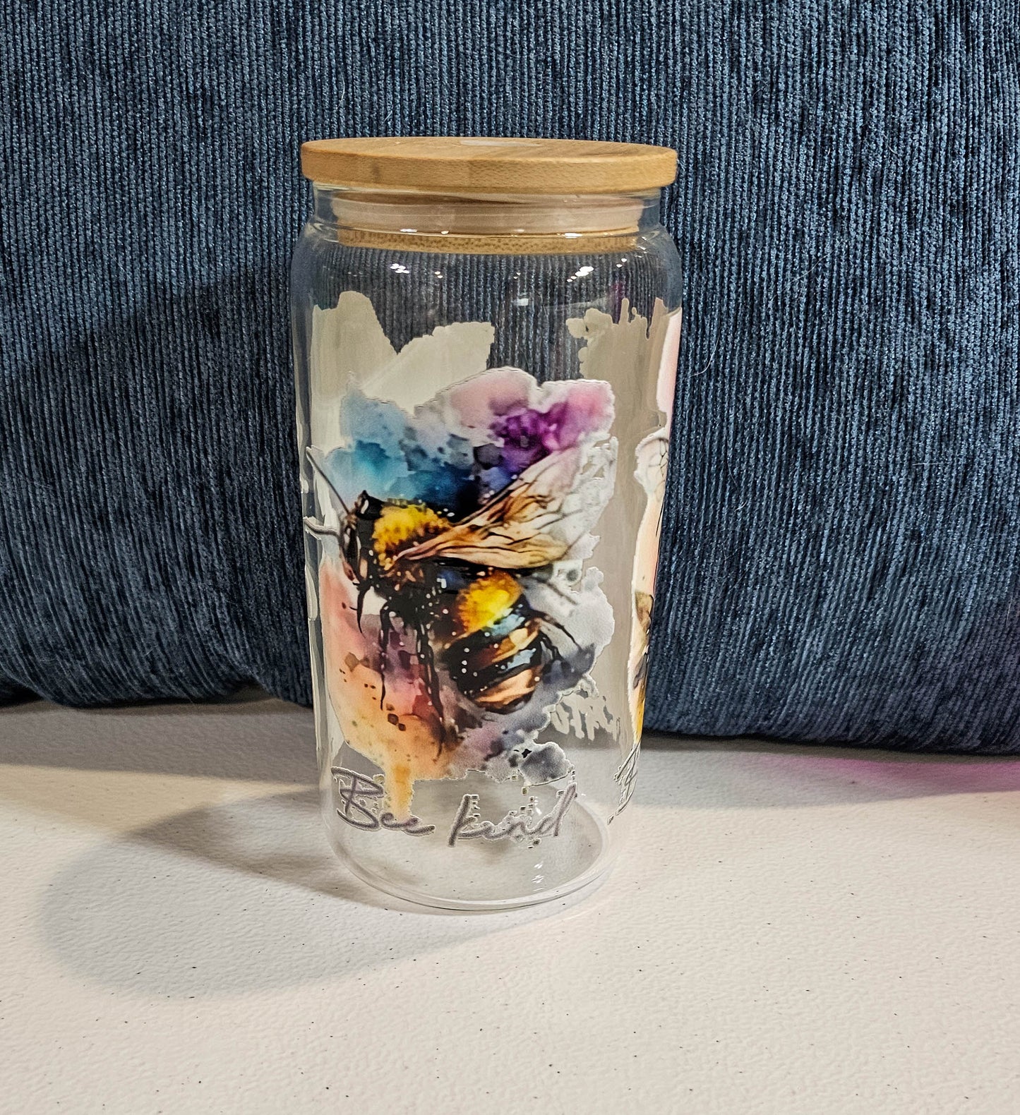 16 oz Glass Can - Bee Kind with custom gift design