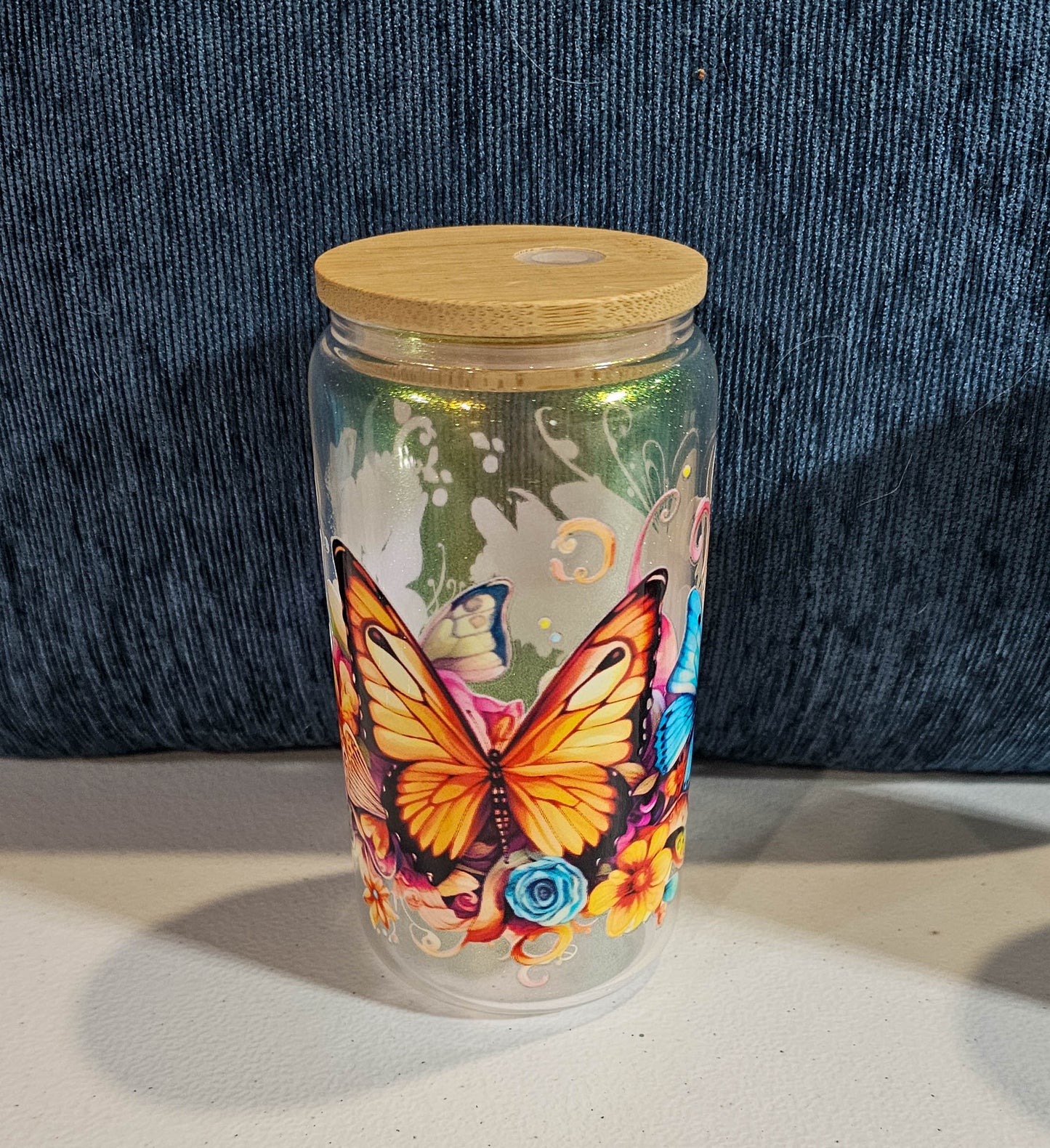 16 oz Iridescent Glass Can - Butterfly with custom gift design