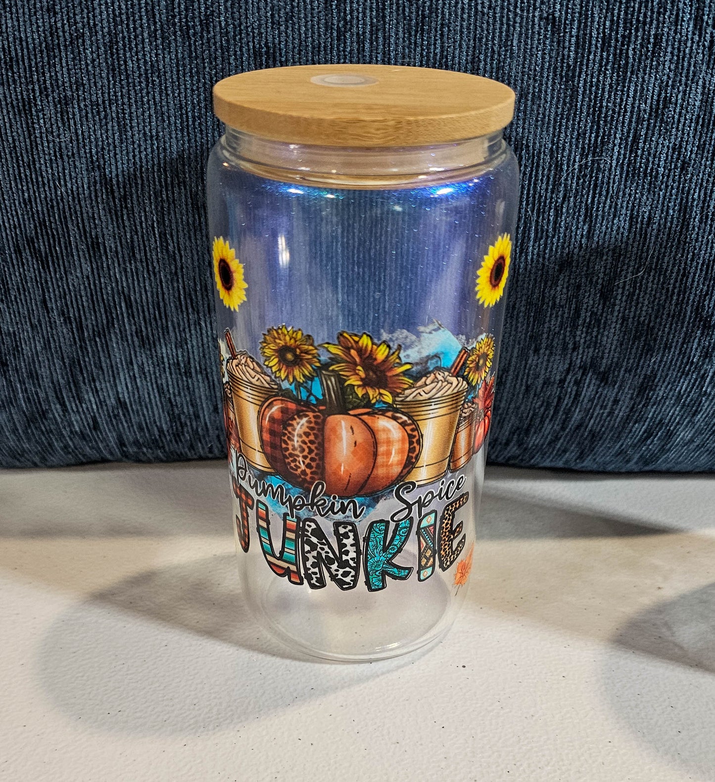 16 oz Iridescent Glass Can - Pumpkin Spice Junkie with custom gift design