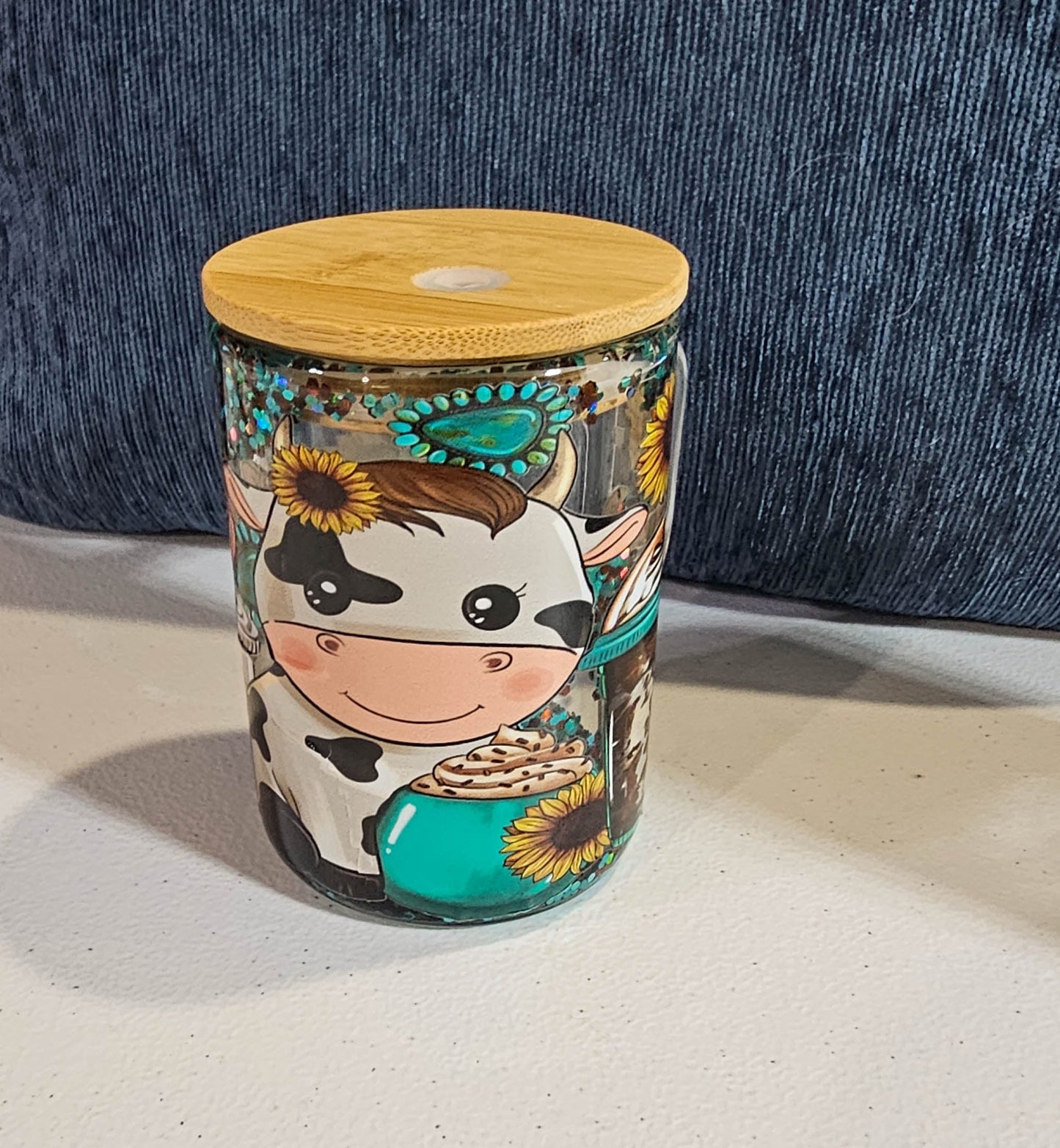 16 oz Glitter Globe Mug - Turquoise & Holsteins with custom gift design