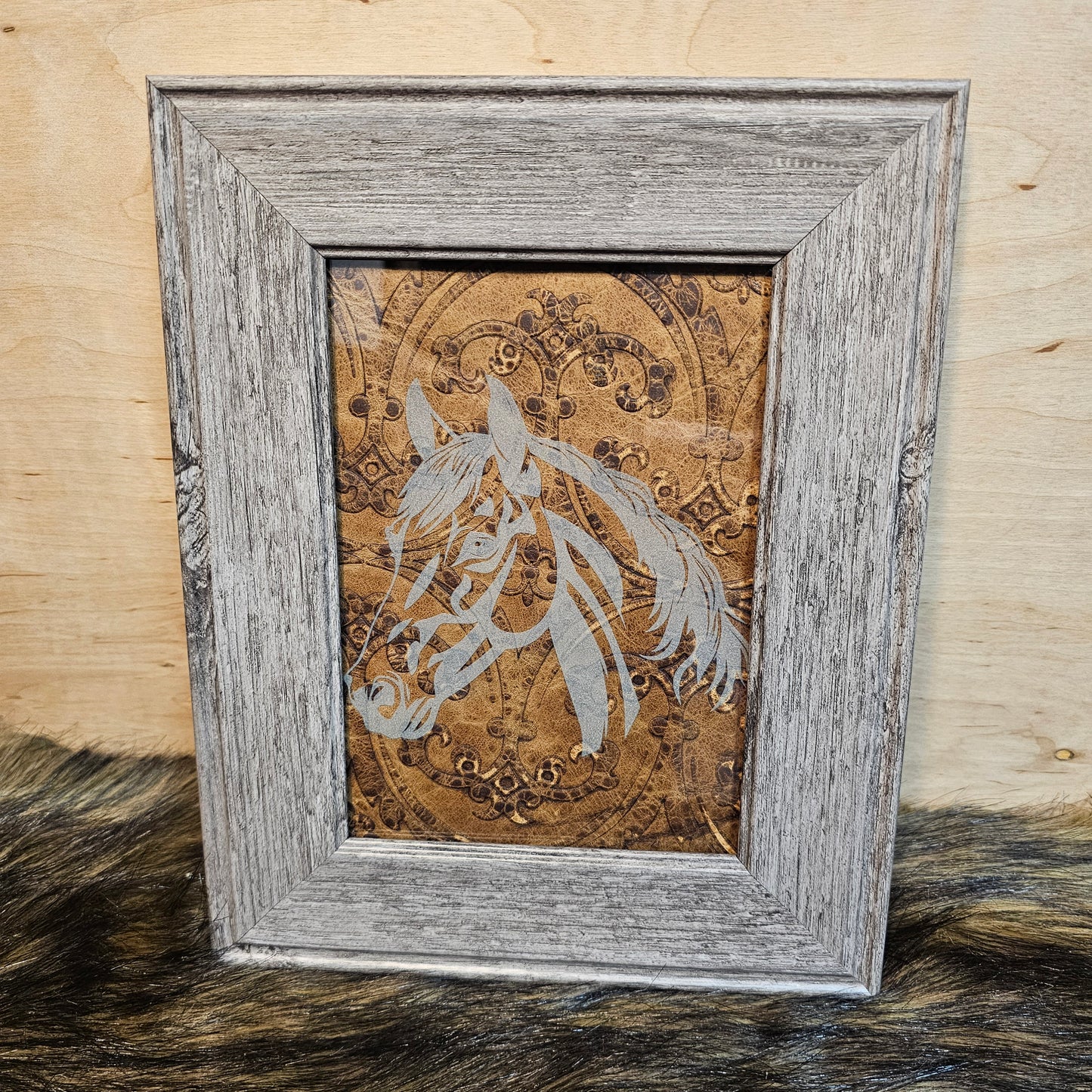 Etched Horse Glass w/Leather Background