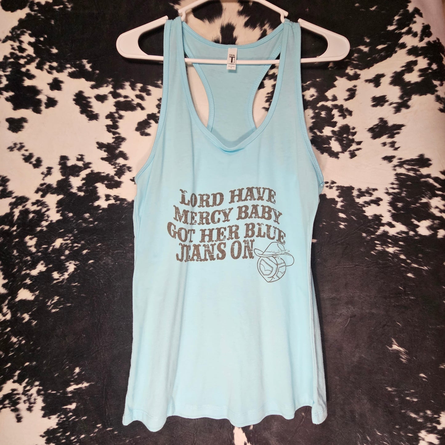 Baby's Got Her Blue Jeans On Racer Tank - L