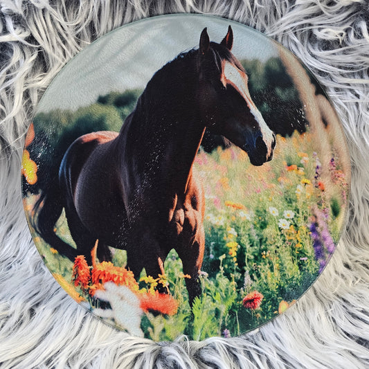 Lg. Round - Horse in Meadow Glass Cutting Board