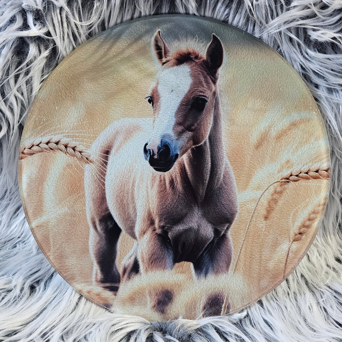 Lg. Round - Baby Horse in Wheat Field – Ranch Kitchen – Glass Cutting Board