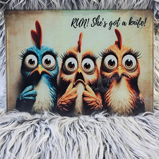 Lg. Rectangle - Run! She’s Got a Knife – Kitchen Staple – Glass Cutting Board