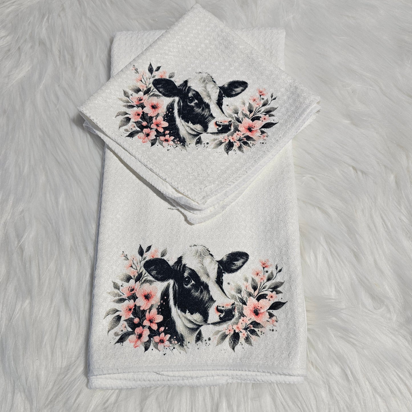 “Holstein with Flowers” & Washcloth Set – Everyday – Kitchen Towel