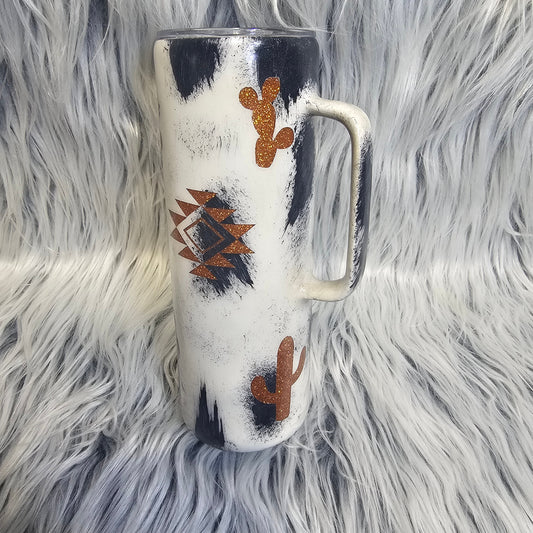 20 oz Epoxy Tumbler with Handle – Holstein Cowhide & Orange Aztec Flash