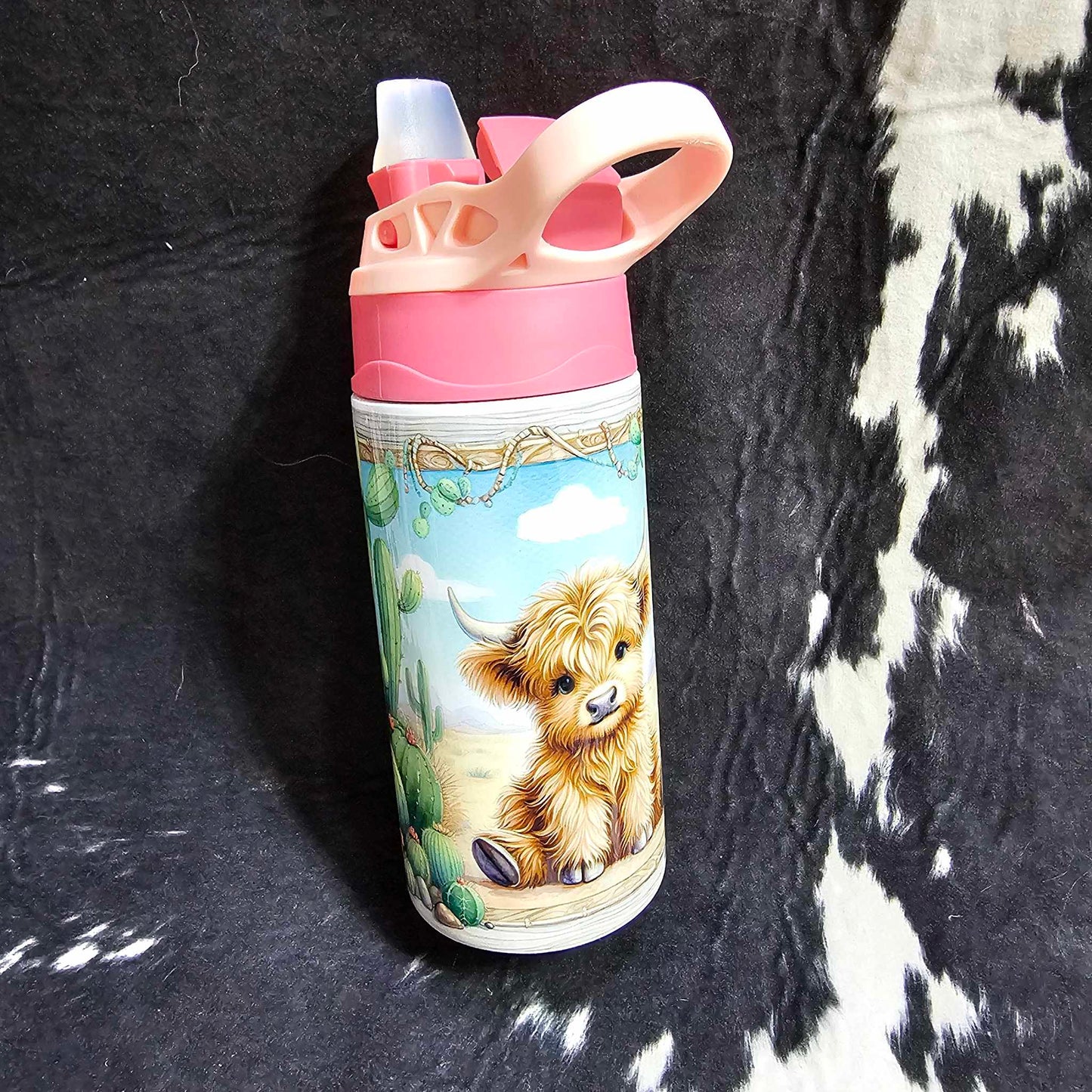 20 oz stainless water bottle with highland calf design