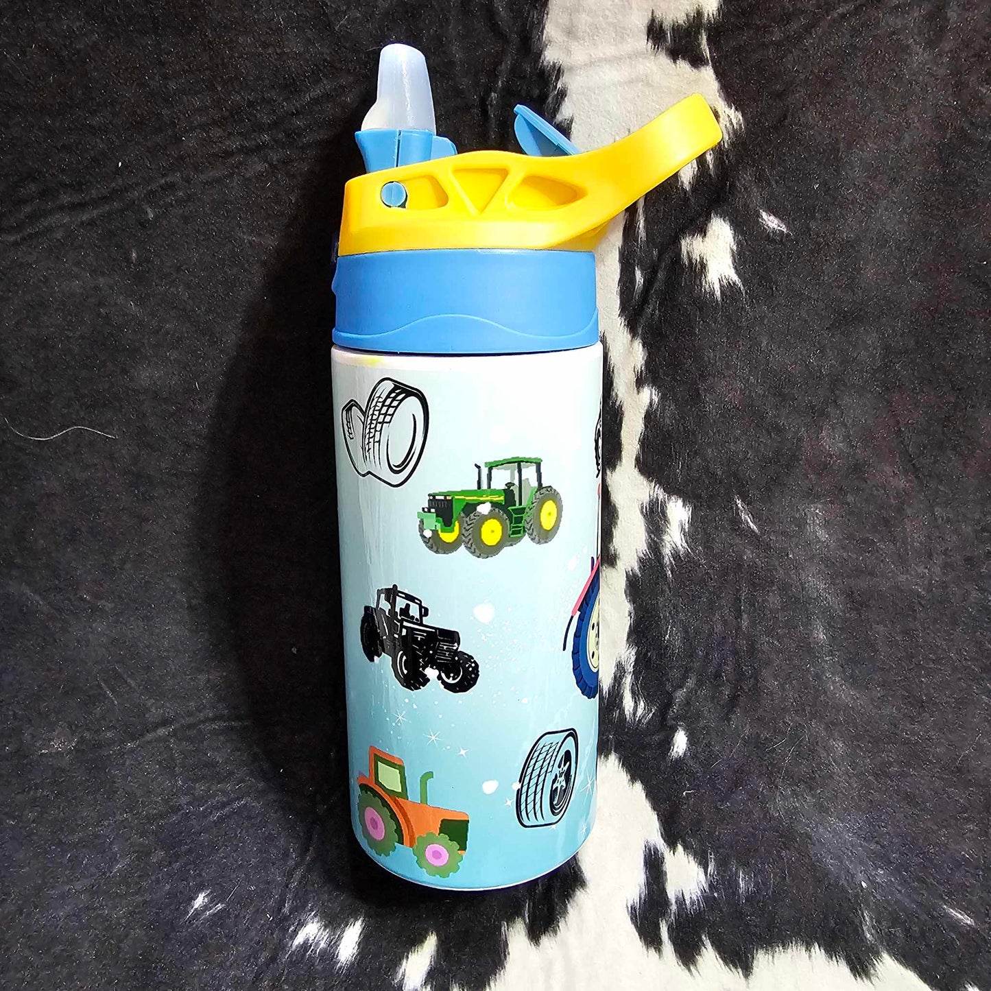 12 oz kids stainless steel water bottle with tractor design