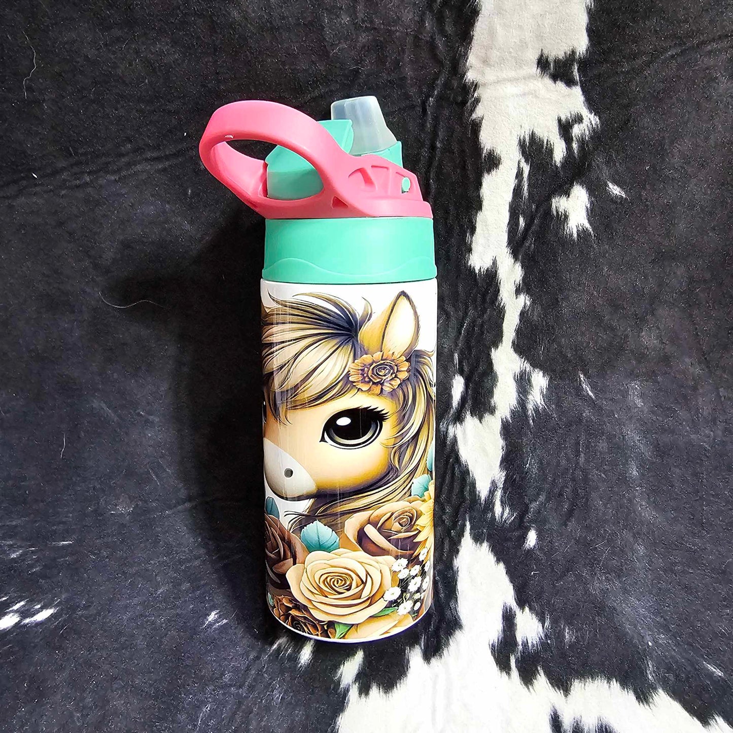 20 oz stainless water bottle with boho horse design and straw lid