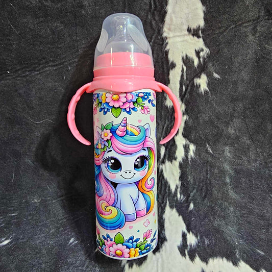 8 oz baby bottle with unicorn design in stainless steel