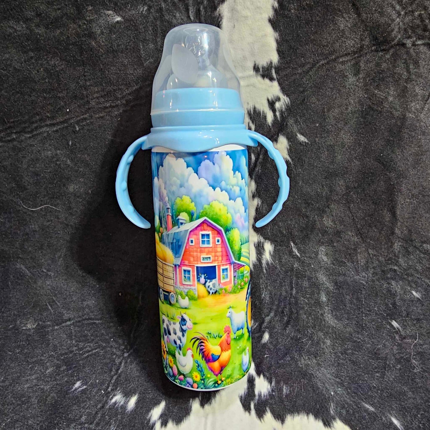 8 oz baby bottle with farm animal print in stainless steel
