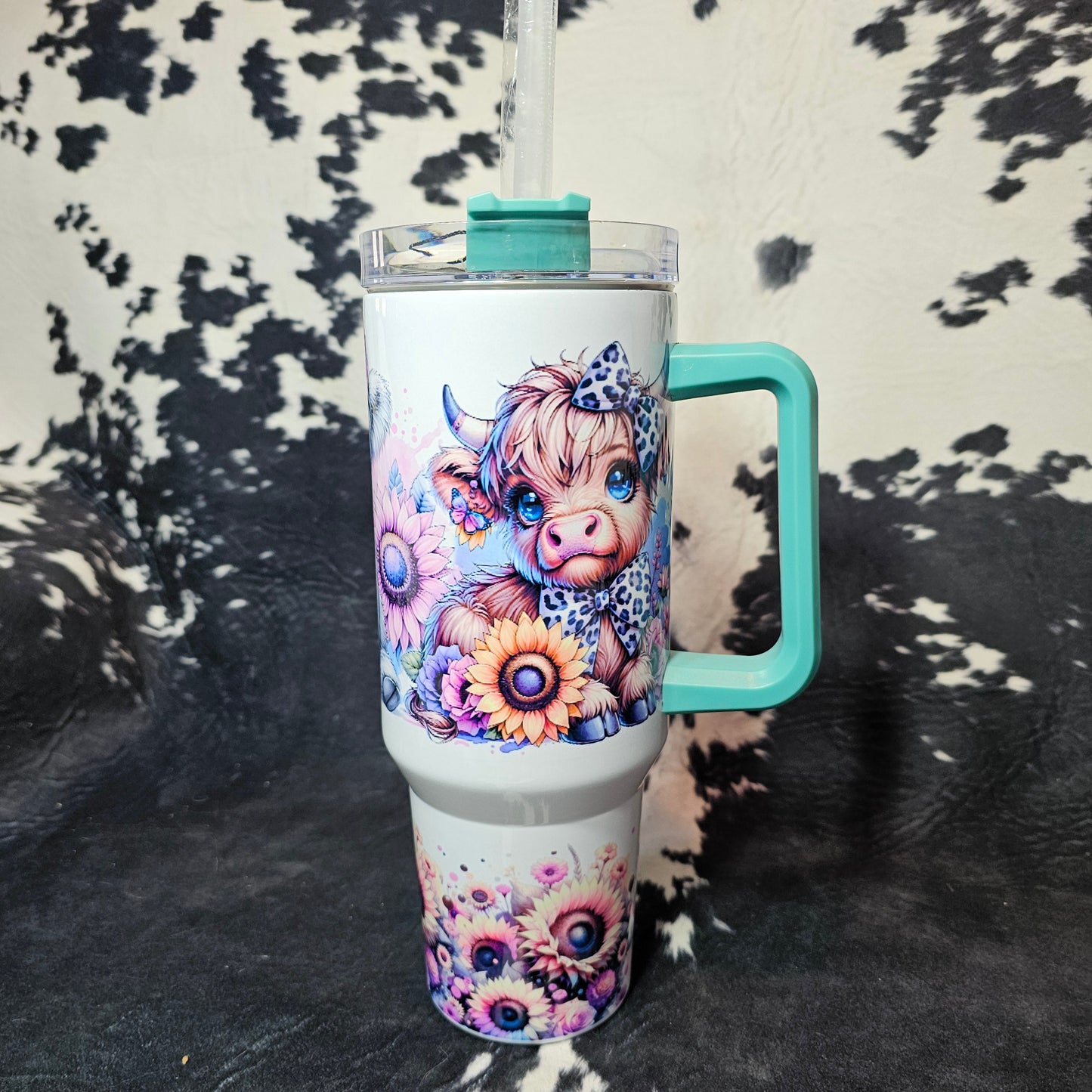 40 oz Adorable Baby Highlands Tumbler – Teal Handle Cow Cup