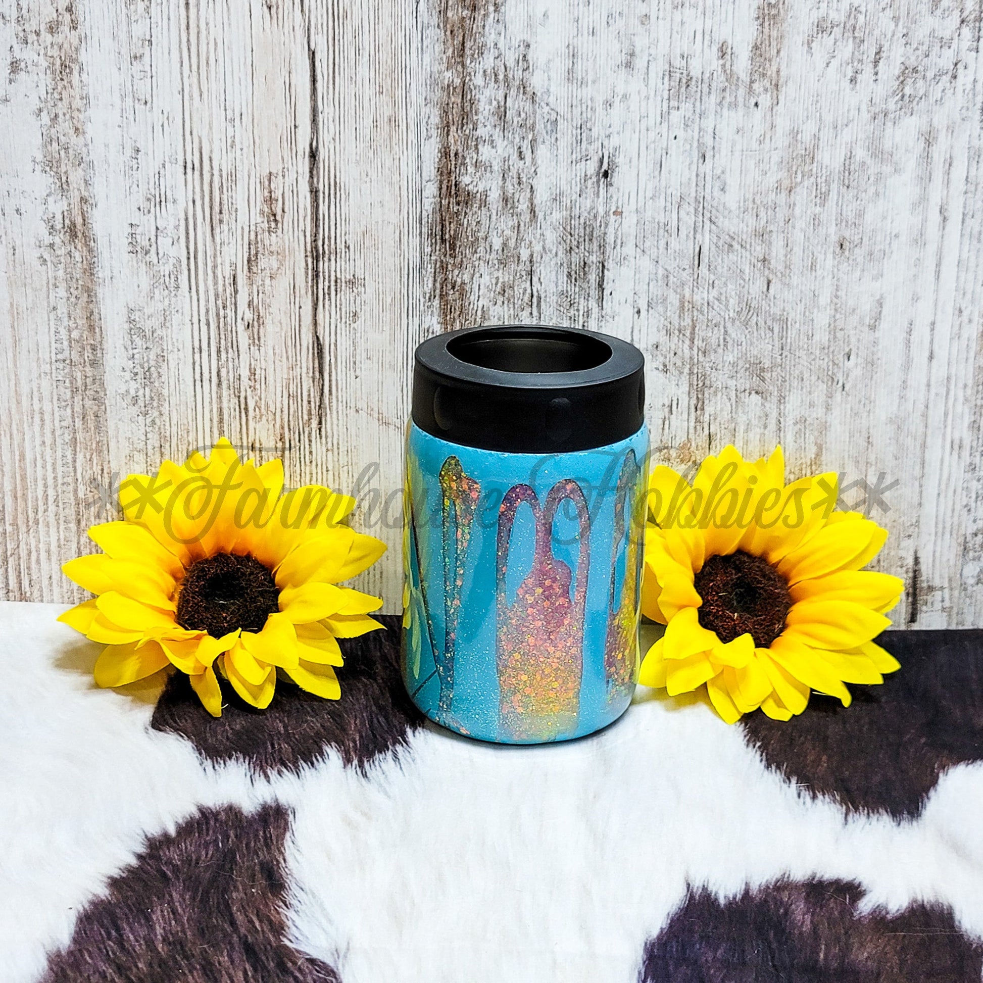 12 oz Hoggie Can Cooler Glitter under Blue RTS Drinkware Farmhouse Hobbies   