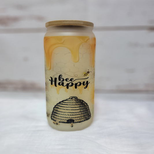 16 oz Glass Can - Bee Happy with custom gift design