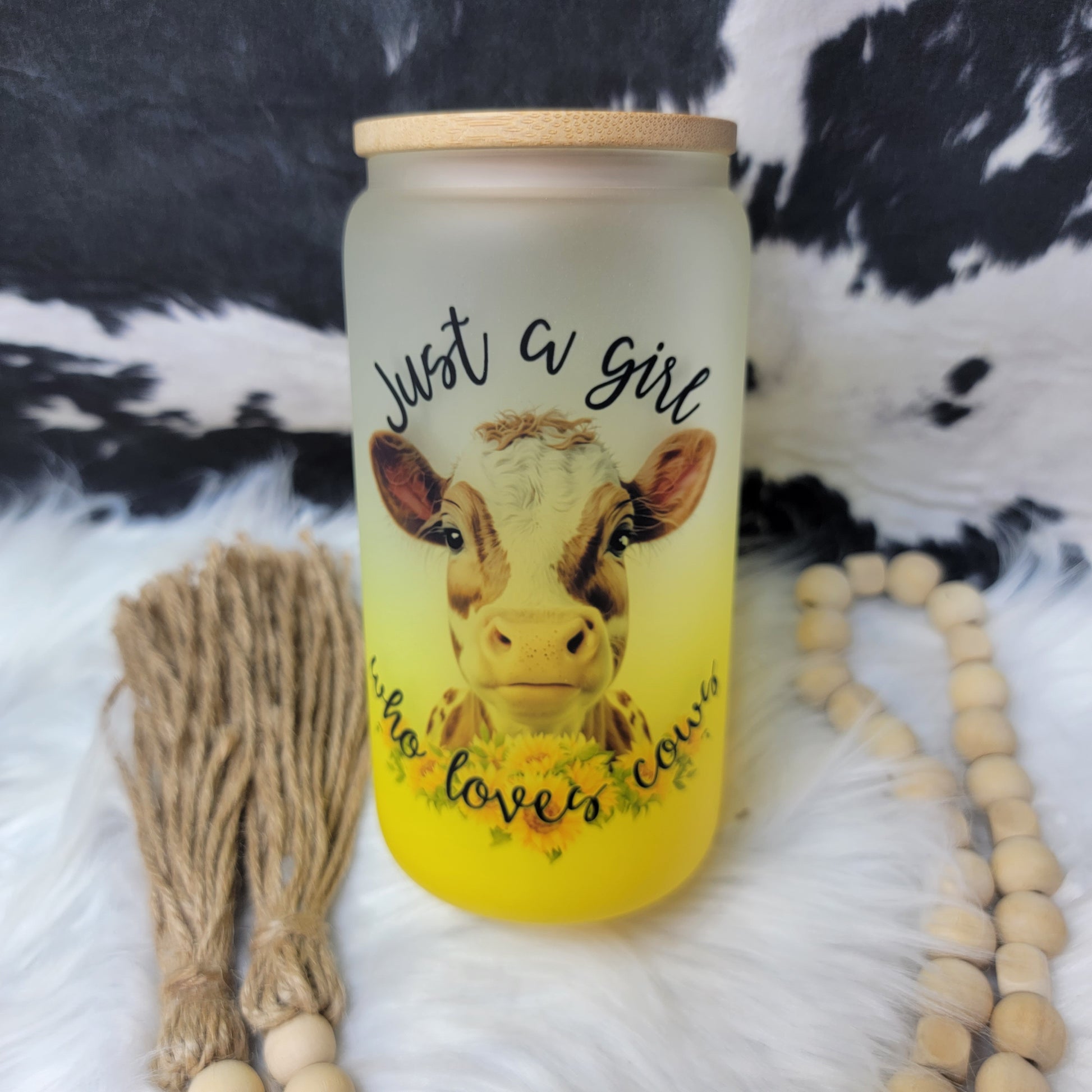 16 oz Yellow Ombre Glass Can - Girl Loves Cows  Farmhouse Hobbies   