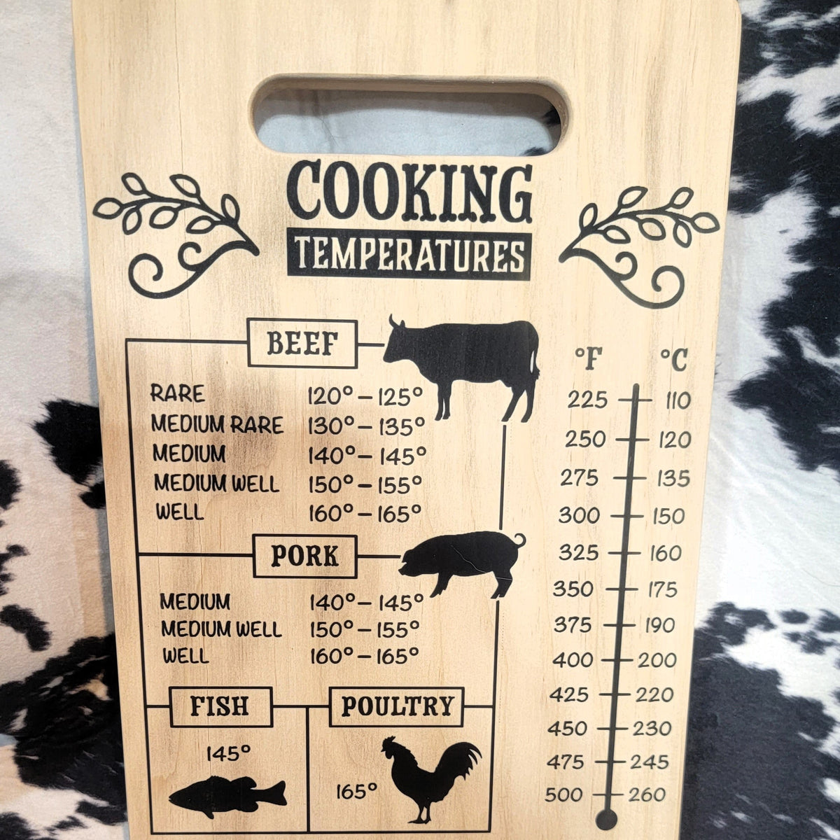 Small Wood Cutting Board - Cooking Temp with custom gift design