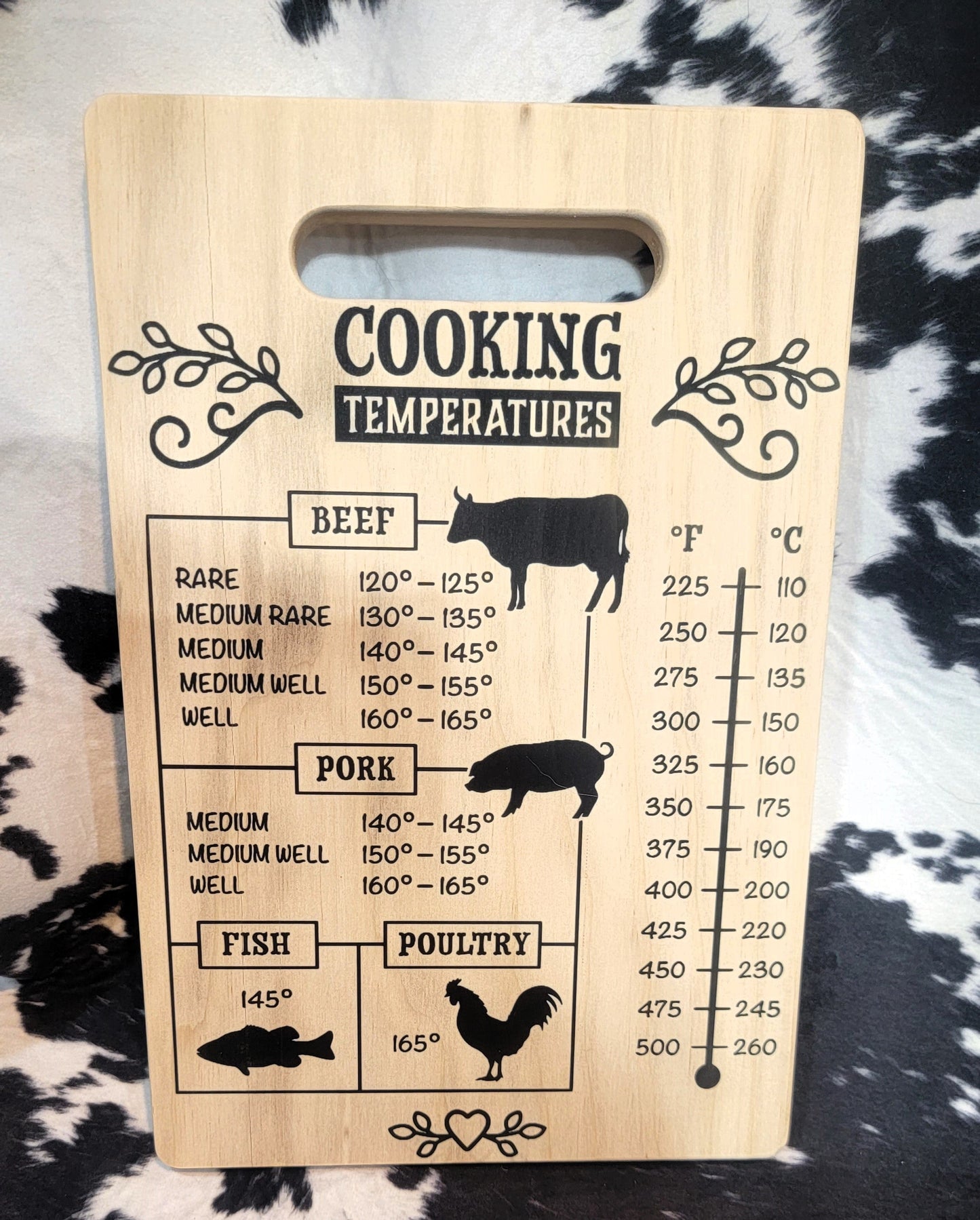 Small Wood Cutting Board - Cooking Temp with custom gift design