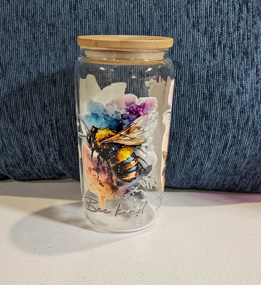 16 oz Glass Can  - Bee Kind with custom gift design