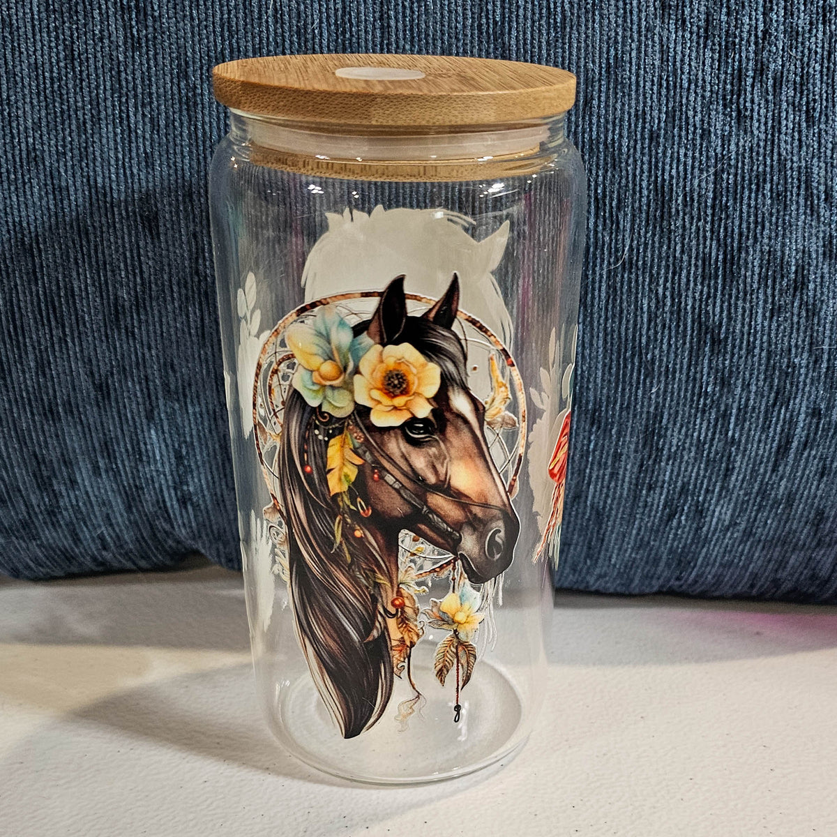 16 oz Glass Can  - Dream Catcher Horse with custom gift design