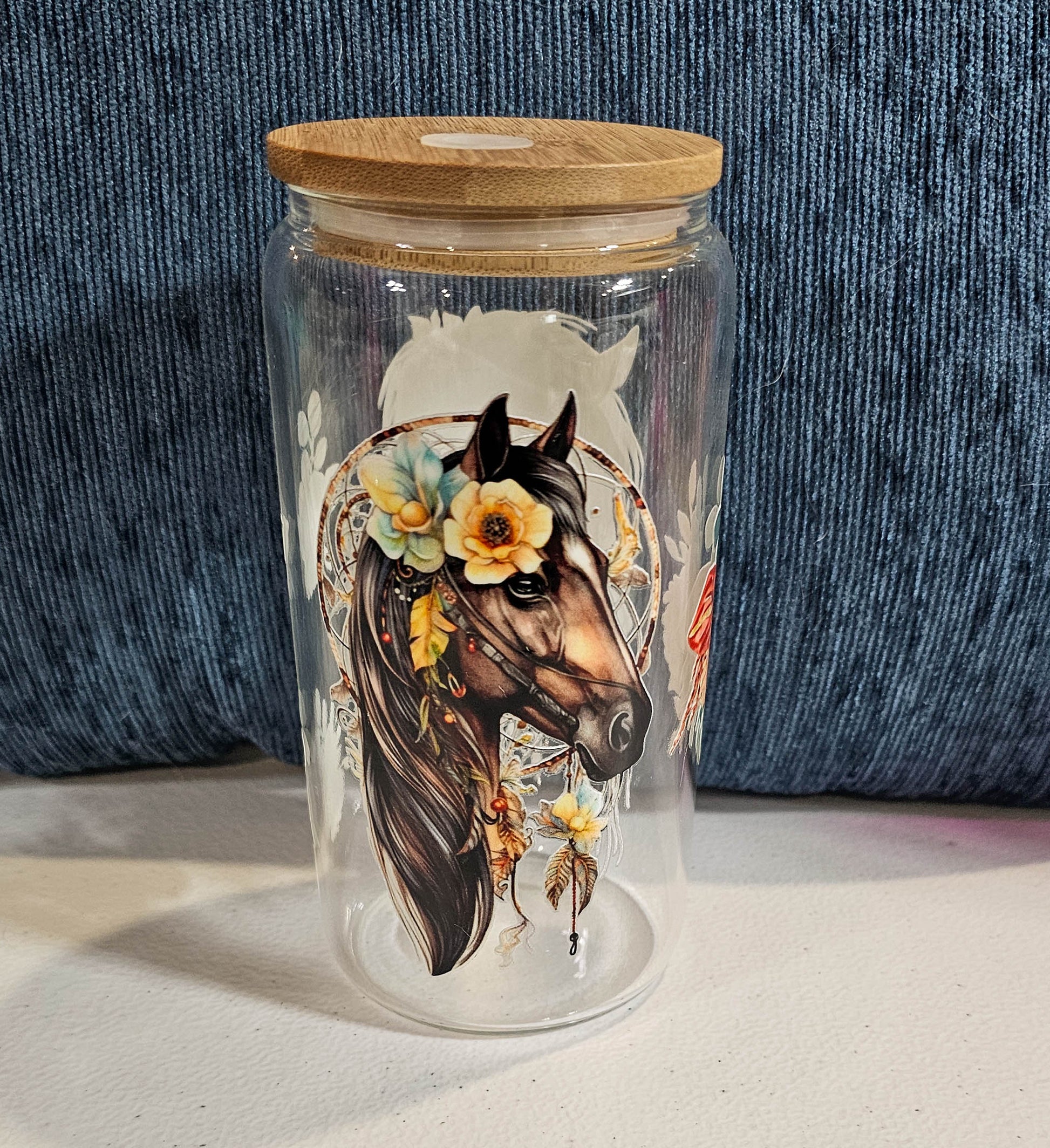 16 oz Glass Can  - Dream Catcher Horse with custom gift design