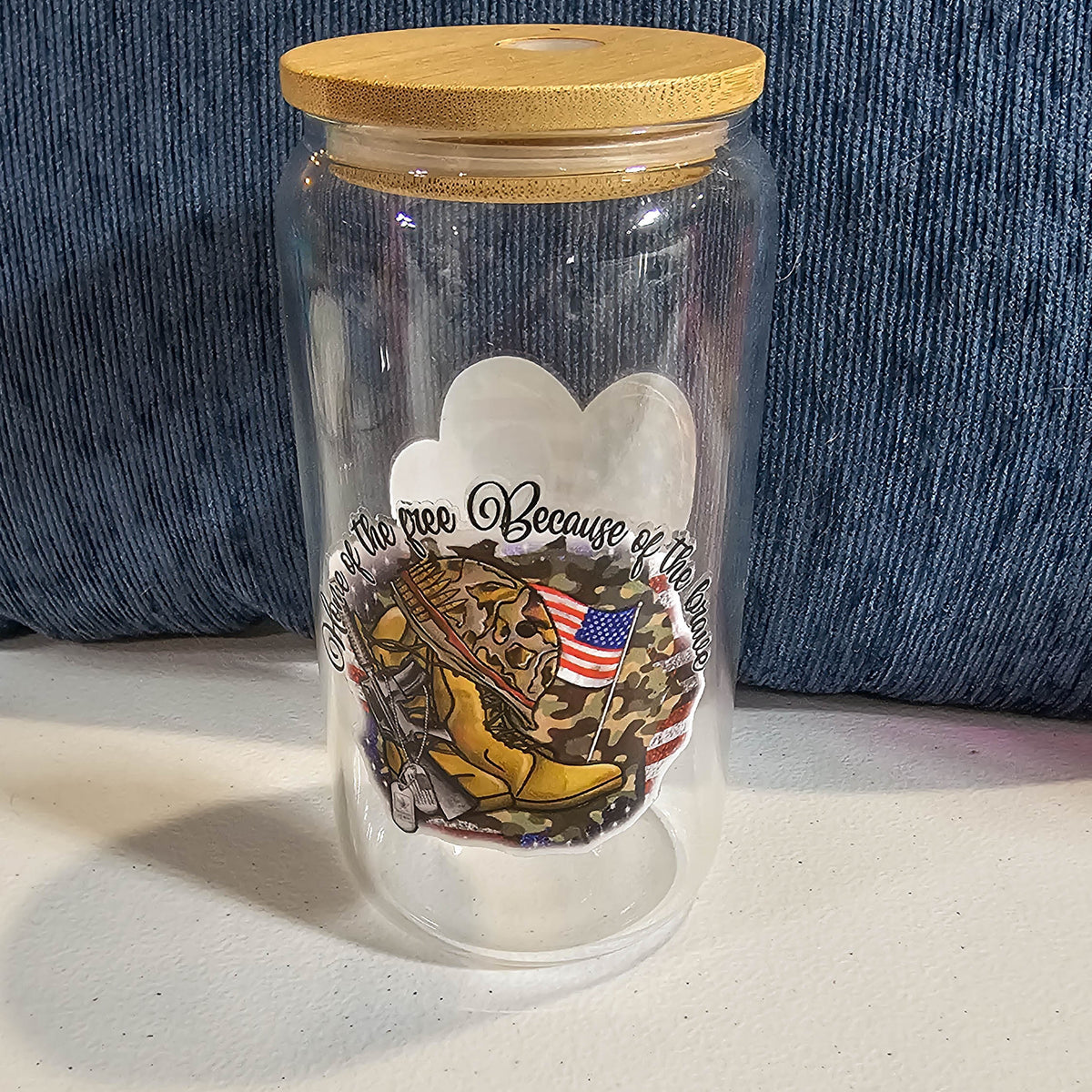 16 oz Glass Can  - Land of the Free with custom gift design