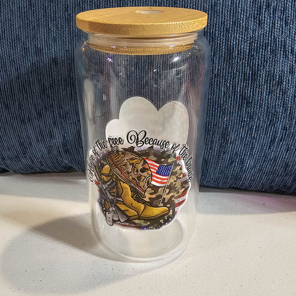 16 oz Glass Can  - Land of the Free with custom gift design