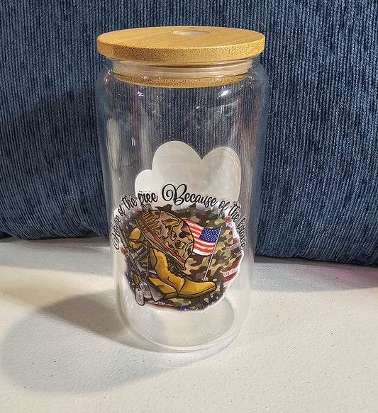 16 oz Glass Can  - Land of the Free with custom gift design