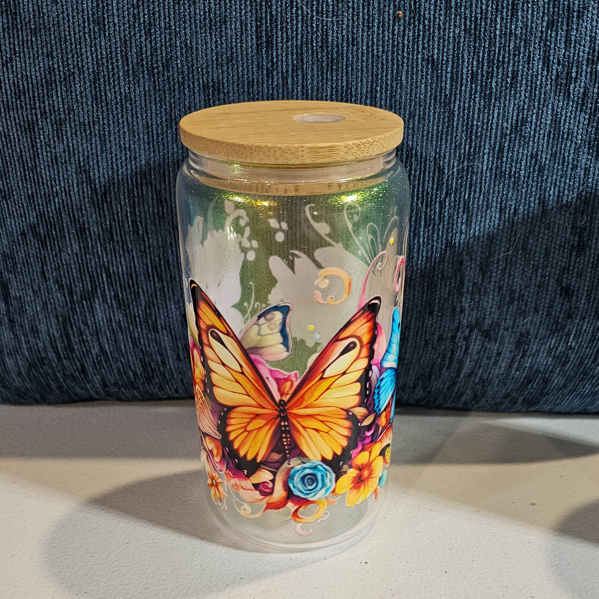 16 oz Iridescent Glass Can - Butterfly with custom gift design