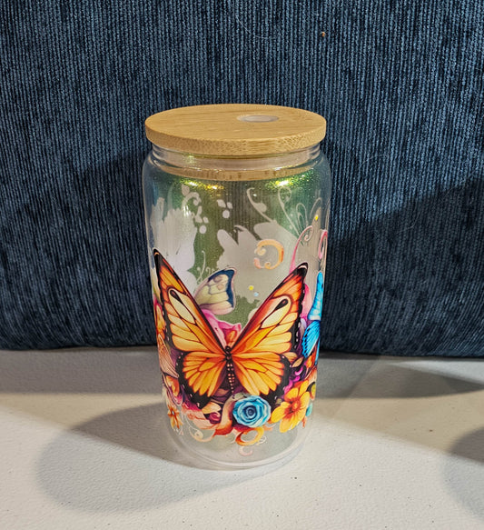 16 oz Iridescent Glass Can - Butterfly with custom gift design