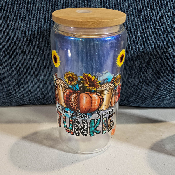 16 oz Iridescent Glass Can - Pumpkin Spice Junkie with custom gift design