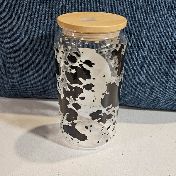 16 oz Glass Can - Cow Print with custom gift design