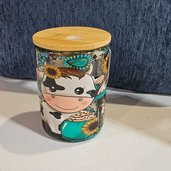 16 oz Glitter Globe Mug - Turquoise & Holsteins with custom gift design