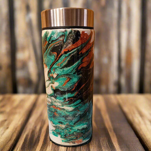Slim Can Koozie - Teal & Rust with custom gift design