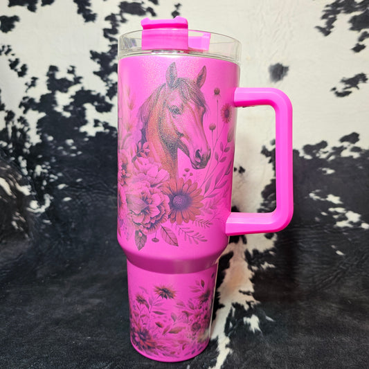 40 oz - Pink Shimmer Horse & Floral
