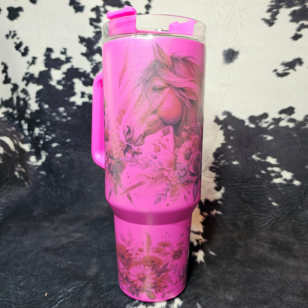 40 oz Pink Shimmer Horse & Floral Tumbler – Girly Western Drinkware