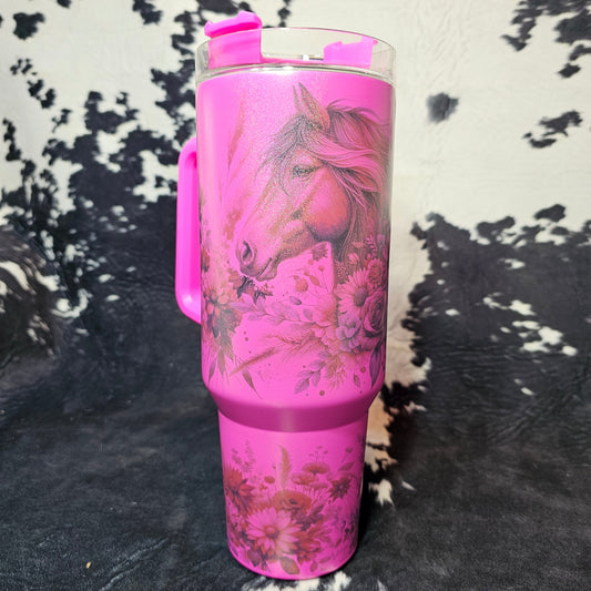 40 oz Pink Shimmer Horse & Floral Tumbler – Girly Western Drinkware