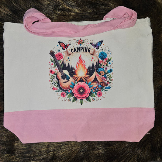Pink Camping Large Canvas Tote