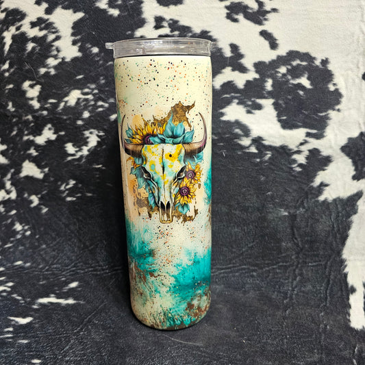 30 oz - Teal & Copper Skull & Sunflower