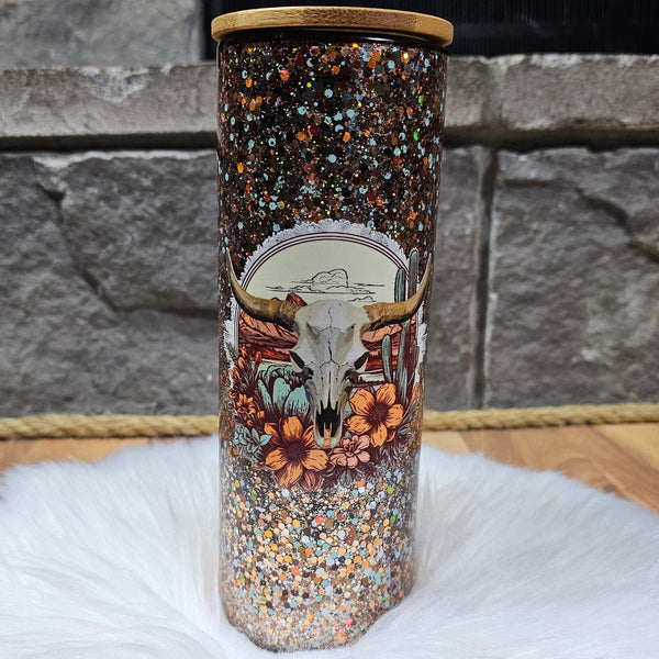 20 oz Desert Boho Glass Glitter Globe Tumbler - Western Sparkle Style