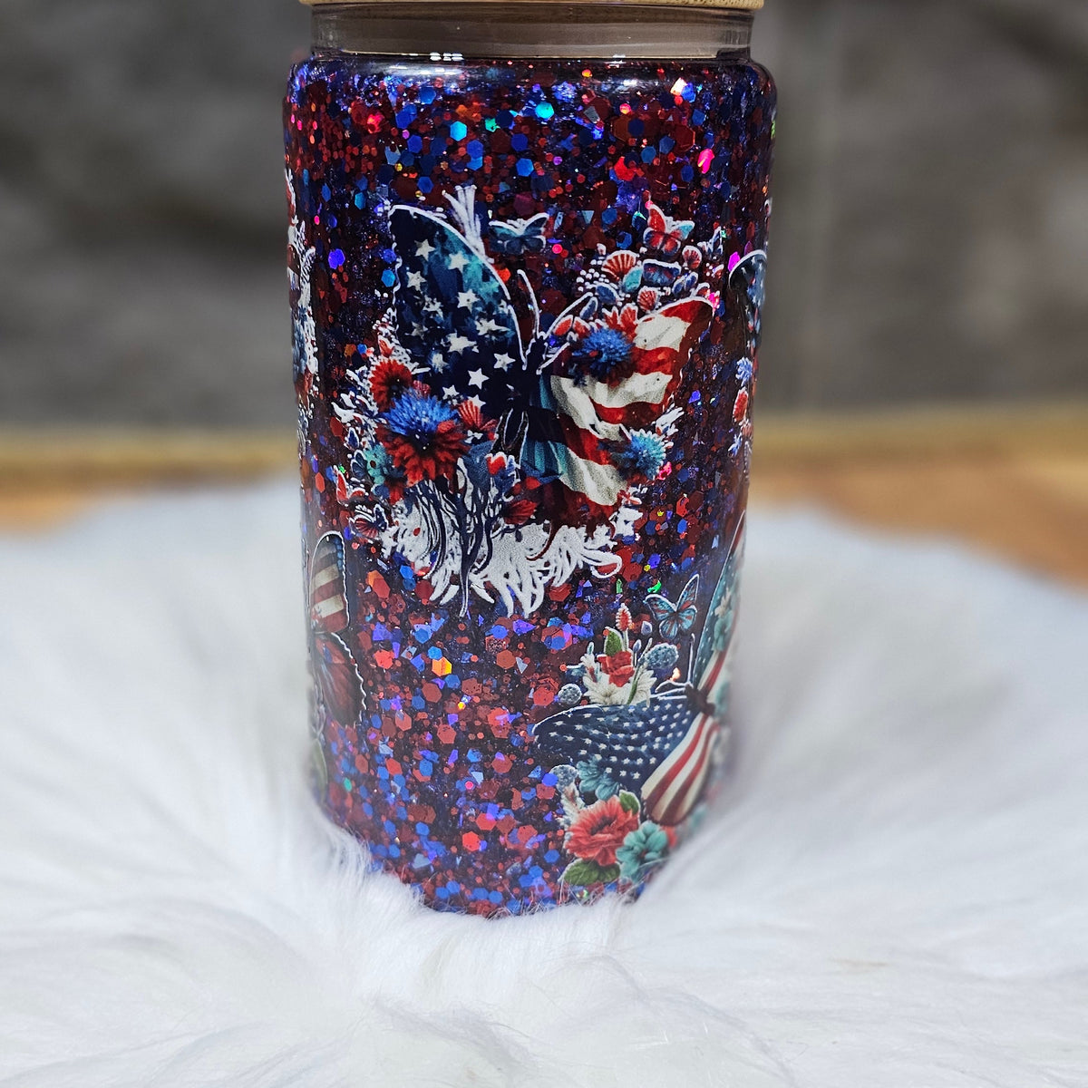 16 oz Glass Glitter Globe - Freedom Butterfly Patriotic Sparkle
