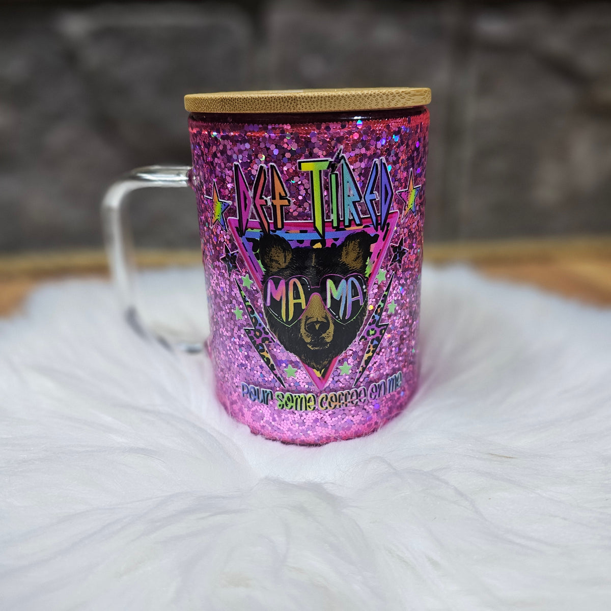 16 oz Glass Glitter Globe - Def Tired Mama Neon Glow