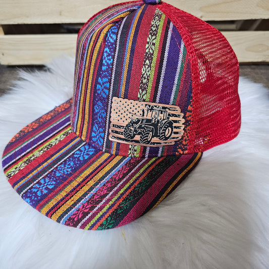 Red Aztec Flag Tractor - Youth Leather Patch Hat