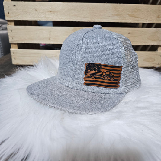 Tractor In Flag - Youth Leather Patch Hat
