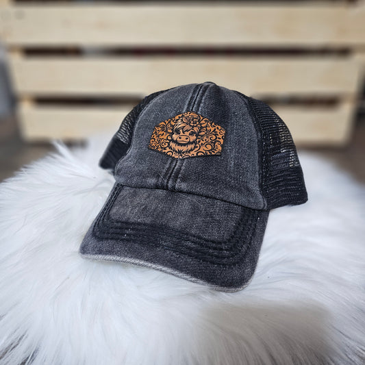 Highland Calf- Youth Ponytail Leather Patch Hat